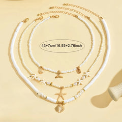Bohemian Personality Starfish Imitation Shell Pendant Beaded Necklace Women Beach Vacation Wind Vacation Accessories Gift