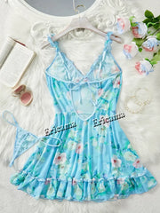 Women's Underwear Sexy Bra And Panties Sets Lace Ruffle Trim Lingerie Set Deep V Slip Dress Thong Women's Sexy Lingerie