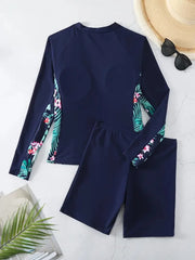 Tropical Print Patchwork 2 Piece Swimsuits, Long Raglan Sleeve Zip Up Swim Top & Shorts Water Sports Swimsuit Women Swimwear