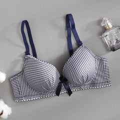Japanese Underwear Female Small Breasts Gathered Thin Section Underwear Comfortable Breathable Girls Plaid Bra