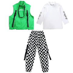 Kid Hip Hop Clothing Sleeveless Jacket Top Streetwear Checkered Tactical Cargo Jogger Pants for Girls Boys Dance Costume Clothes