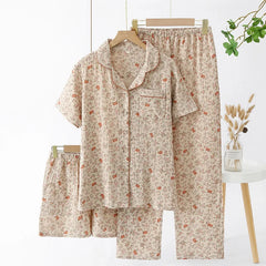 Women's Underwear Set Pure Cotton Summer Home Wear 3 Pieces Short Sleeve Sleepwear Women's Pajamas Female 2025 Lingerie