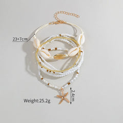 Boho Muschel-Seestern-Fußkettchen-Sets für Damen, Reisperlenkette, elastisches Seil, Strand-Sommer-Fußaccessoires-Armband