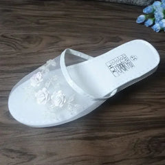 Women Indoor Slippers Sequin Flat Shoes Lady Summer Hollow Mesh Beach Slippers Flip Flops Casual Baotou Creative Flower Mesh