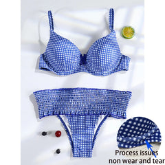 Miyouj Bow Bikinis 2024 Biquin Pleated Swimsuit Women Plaid Print Bikini Set Sexy Swimwear Push Up Beachwear Low Waist Bath Suit