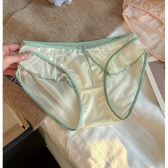 Women Ruffle Edge Sexy Lace Mesh Satin Transparent Underwear Thin Breathable High Elasticity Low Waist Seamless Panties Breifs