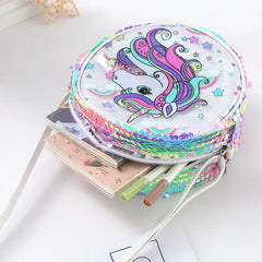 Kids Accessories Summer Lovely Kids Girls Sequin Crossbody Bag 3 Colors Cartoon Printed Round Shoulder Bag with Adjustable Strap