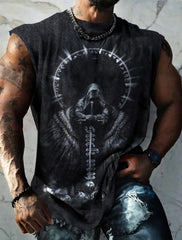 Neue Herren-Fitnessbekleidung von Four Seasons: Schlichtes, atmungsaktives, ärmelloses Unterhemd mit großem Sportprint und schnelltrocknender Farbe.