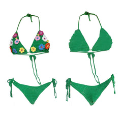 Women 3D Floral Knitted Crochet Bikini Set Swimsuit Sleeveless Halter Swimwear Female Two Pieces Bathing Suit Beachwear Bather