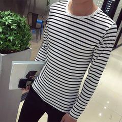 Striped T-shirt Men Long Sleeve Pullover Trendy Black White Striped Tops for Men Harajuku Casual Base Shirt Undershirt