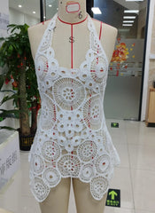 Yiiciovy Flower Crochet Swimsuit Dress Women Beach Cover Ups Slim U Neck Hollow Out Sleeveless Irregular Hem Mini Beach Dress