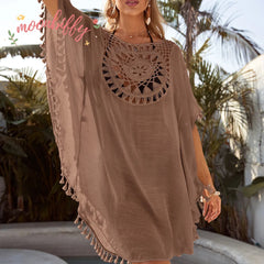 Women Off Shoulder Loose Beach Smock Casual Holiday Sexy Style Cut Out Tassel Beach Smock Women Summer Beach Smock