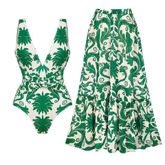 Flaxmaker Summer New Women Sexy Hawaiian Lace Up V Neck Ruffle Swimsuit and Sarong Women Swimwear Set Push Up Bathing Suit