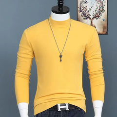 Luxury Korean Men's Oversized T-Shirt Solid Long Sleeve Base Shirt High Neck Slim Fit Tee for Autumn and Winter Plus Size Tops
