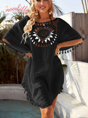 Women Off Shoulder Loose Beach Smock Casual Holiday Sexy Style Cut Out Tassel Beach Smock Women Summer Beach Smock