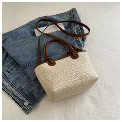 תיק כתף קש קלוע לנשים לחופשת קיץ וחוף הים, בעיצוב פשוט ליום-יום, תיק דלי קטן לנשים, מתאים לנסיעות, תיק קרוסבודי