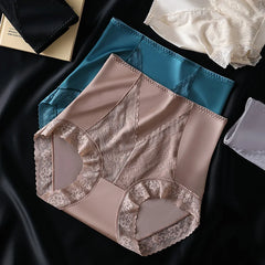 Damen-Slips mit hohem Bund aus Eisseidenspitze, sexy, atmungsaktiv, luxuriöse, nahtlose Satin-Unterwäsche, Po-bedeckend, Damen-Dessous