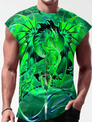 Neue Herren-Fitnessbekleidung von Four Seasons: Schlichtes, atmungsaktives, ärmelloses Unterhemd mit großem Sportprint und schnelltrocknender Farbe.