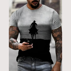 Vintage Cowboy Men's T Shirt Summer Casual Short Sleeve Fashion Streetwear Pattern Print Male Overszied Clothing O Neck Pullover