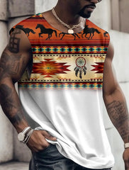 קיץ חדש לגברים וסט טי עם דוגמא שבטית צווארון עגול ביגוד יומי כושר ספורט וינטג' ללא שרוולים חולצות אתניות מודפסות