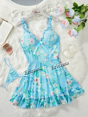 Women's Underwear Sexy Bra And Panties Sets Lace Ruffle Trim Lingerie Set Deep V Slip Dress Thong Women's Sexy Lingerie