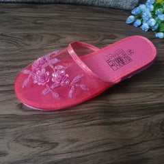 Women Indoor Slippers Sequin Flat Shoes Lady Summer Hollow Mesh Beach Slippers Flip Flops Casual Baotou Creative Flower Mesh