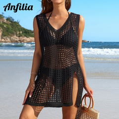 Anfilia Damen Strandkleid aus Häkelstoff, sexy, tiefer V-Ausschnitt, Seitenschlitz, ärmellos, mit Cut-Outs, modisches Strickkleid