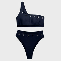 2025 New Hole Swimsuit for Women,solid Color Black Bikini,high Waist Swimwear,single Shoulder Backless Bathing Suit,summer