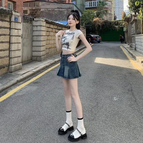 Denim Pleated For Women Summer High Waist Anti-exposure Skirt - kinko