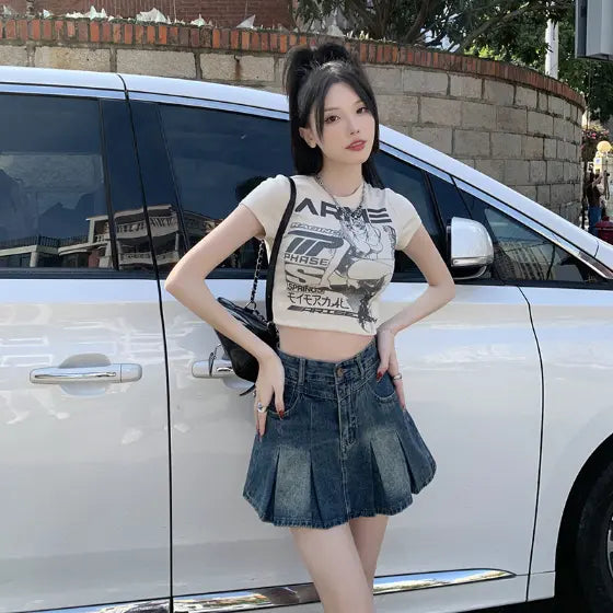 Denim Pleated For Women Summer High Waist Anti-exposure Skirt - kinko