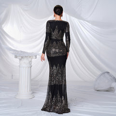 Long Sleeve V-neck Sexy Slim-fit Long Sequined Banquet Evening Dress - kinko