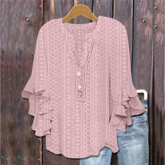 Printed Casual Trend V-neck Flounce Sleeve T-shirt - kinko