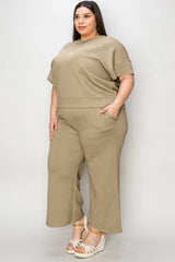 Double Take Full Size Texture Short Sleeve Top and Pants Set - kinko