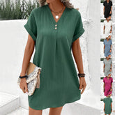 Fashion V-neck Short-sleeved Dress Casual Solid Strip Button Dresses Womens Clothing - kinko