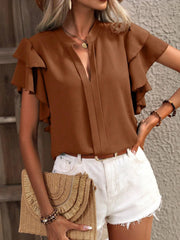 Ruffle Sleeve Notched Blouse - kinko