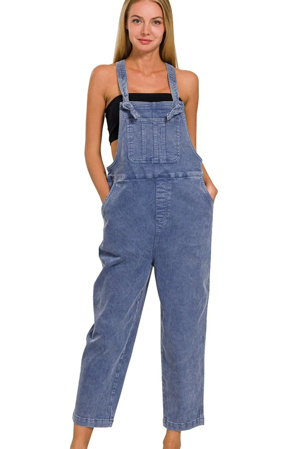Zenana Washed Knot Strap Relaxed Fit Overalls - kinko