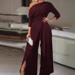 Women's Elegant One-Shoulder Jumpsuit With Long Sleeves & Pants Slit Pleated Waist Formal & Party For Spring&Summer - kinko