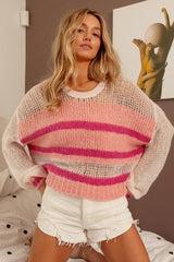 BiBi Hollow Out Yoke Detail Striped Sweater - kinko