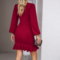 Women's Puff Long Sleeve Dresses Fashion Graceful Solid Color Slim Hip-covering Short Dress Womens Clothing - kinko