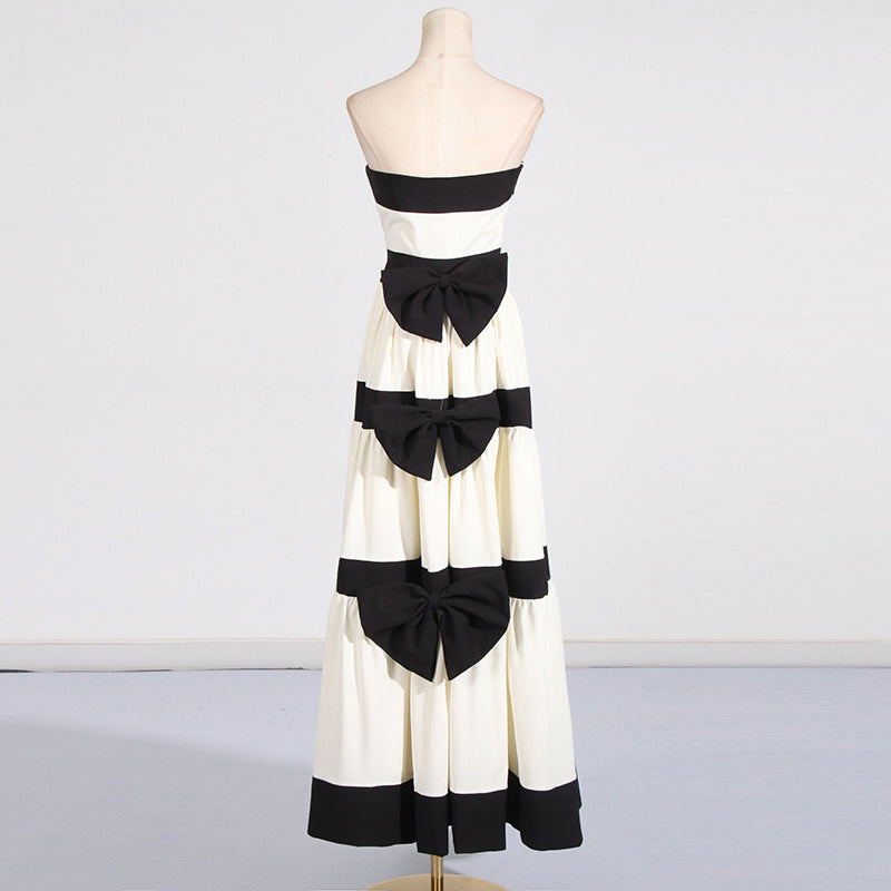 Tube Top Contrast Color Striped Bow Decoration Dress - kinko