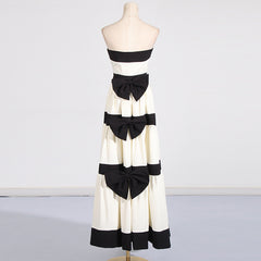 Tube Top Contrast Color Striped Bow Decoration Dress - kinko