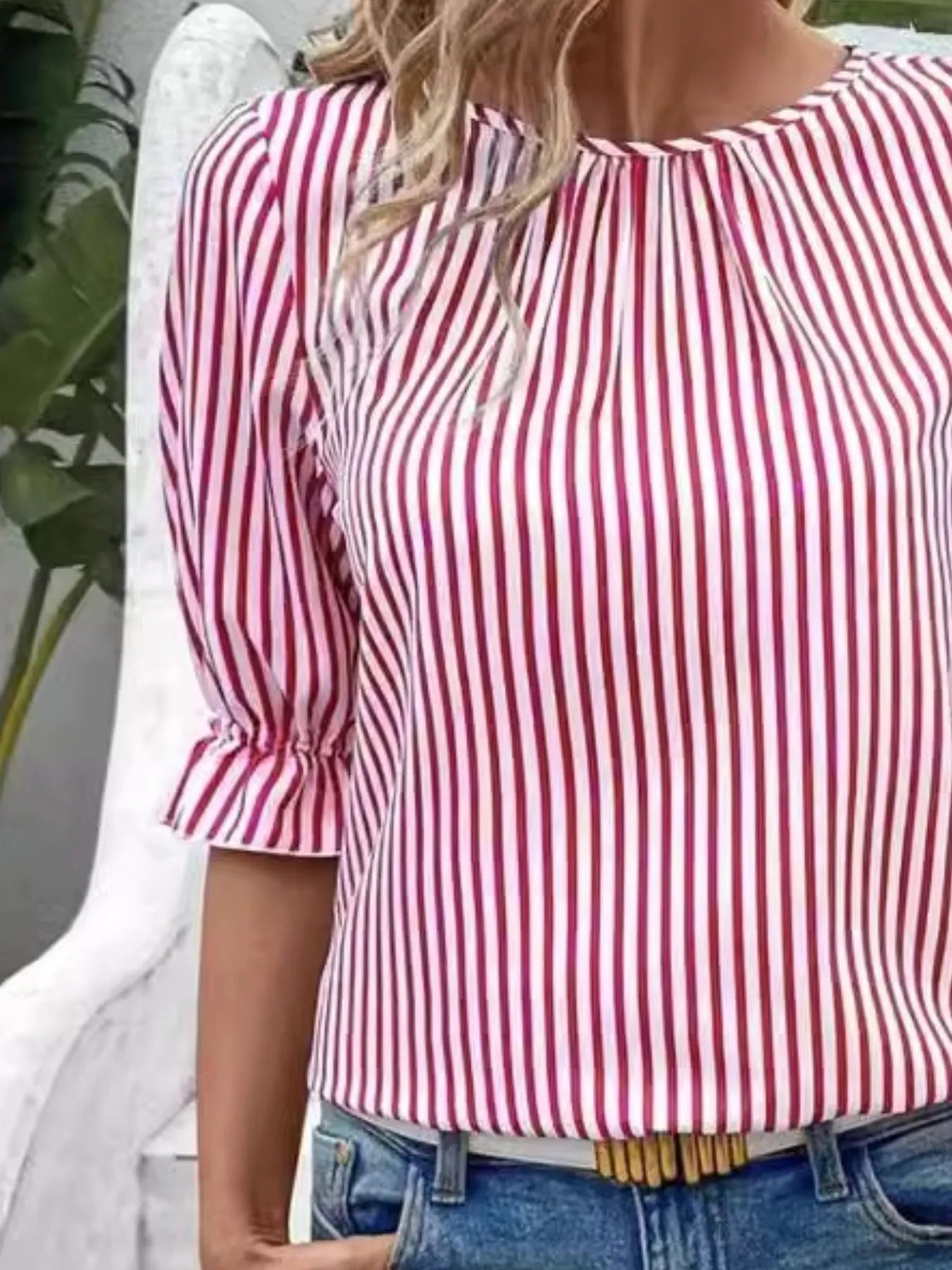 Striped Round Neck Half Sleeve Casual Blouse - kinko