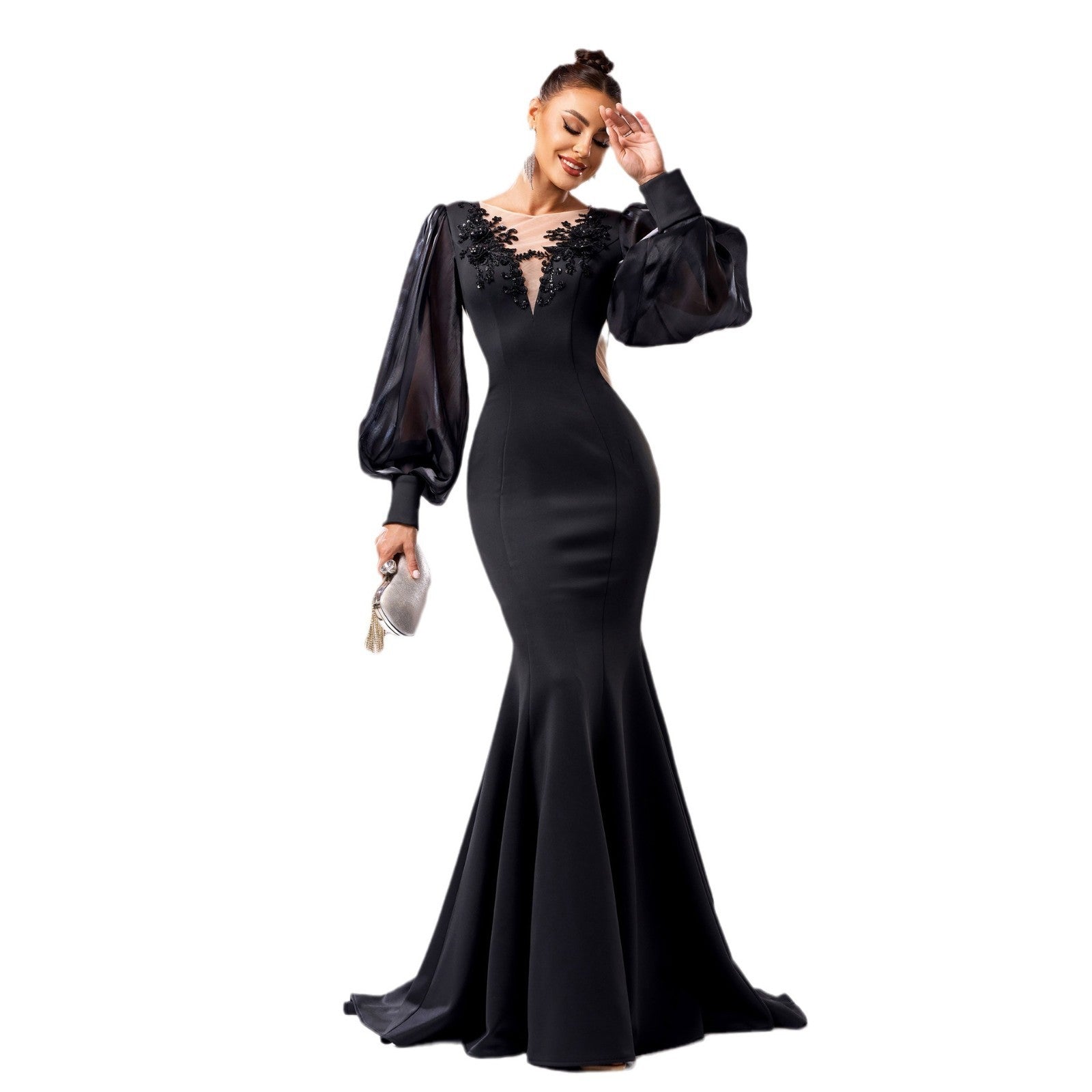 Long Sleeve Round Neck Banquet Applique Sheath Fishtail Dress - kinko