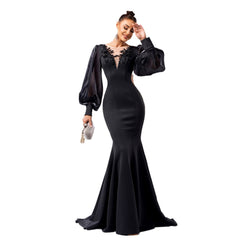 Long Sleeve Round Neck Banquet Applique Sheath Fishtail Dress - kinko