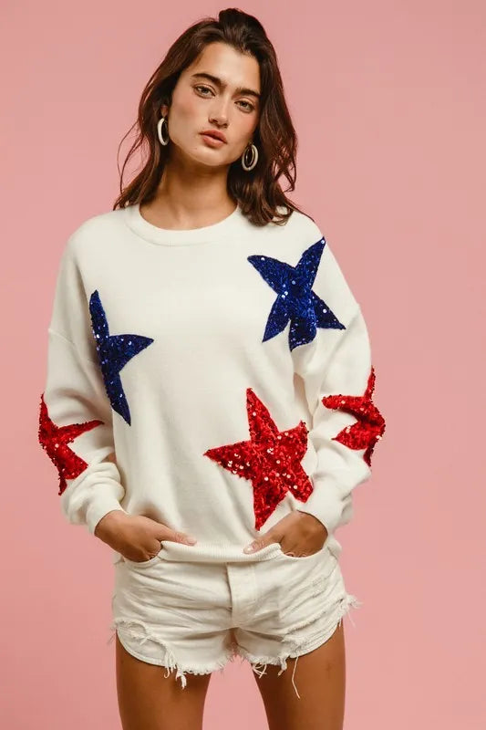BiBi Velvet Sequin Star Patches Sweater Top - kinko
