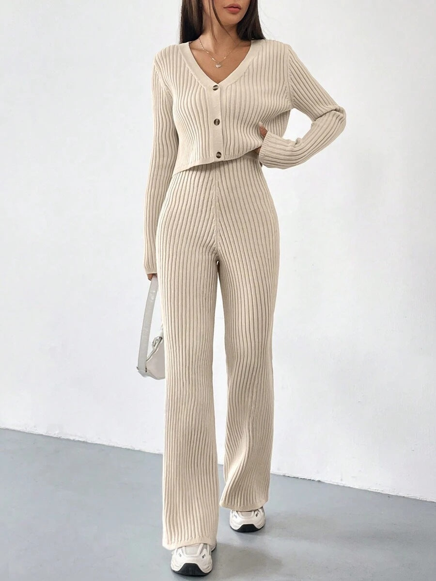 Solid Color Knitted Two-piece Women's V-neck Short Knitted Cardigan Bootcut Trousers Versatile Casual Women's Clothing - kinko
