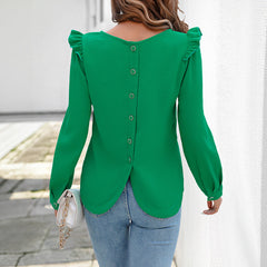 Women's Solid Color Casual Ruffle Edge Long Sleeved Shirt - kinko