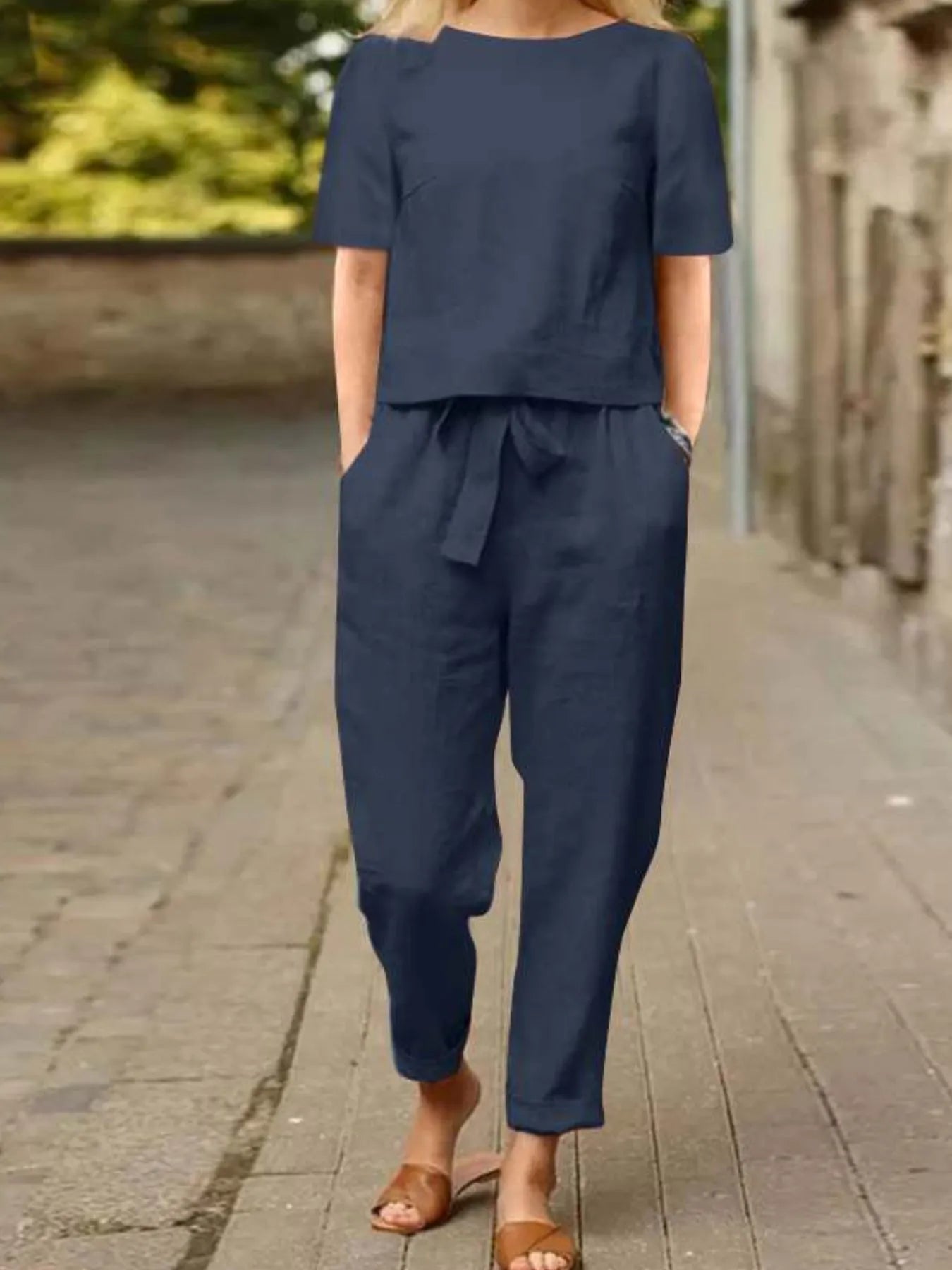 Full Size Round Neck Short Sleeve Top and Pants Set Plus Size - kinko