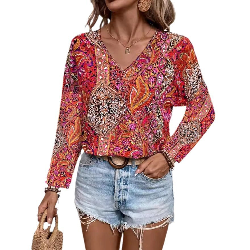 Printed V-neck Long Sleeve Shirt Women's Clothing - kinko