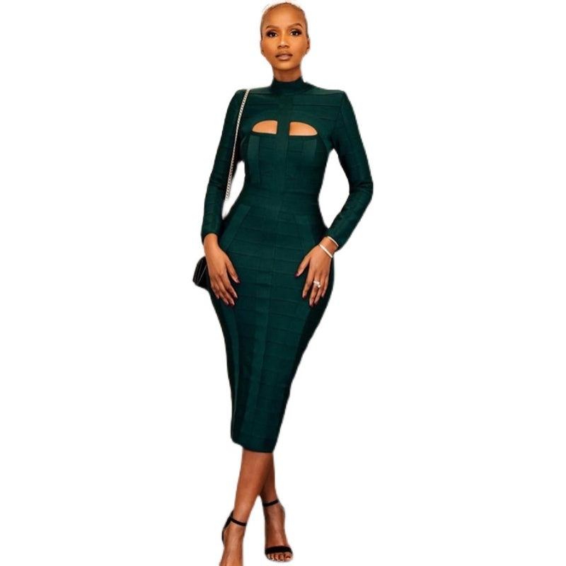 Dark Green Stand Collar Long Sleeve Slim Fit Bandage Dress - kinko